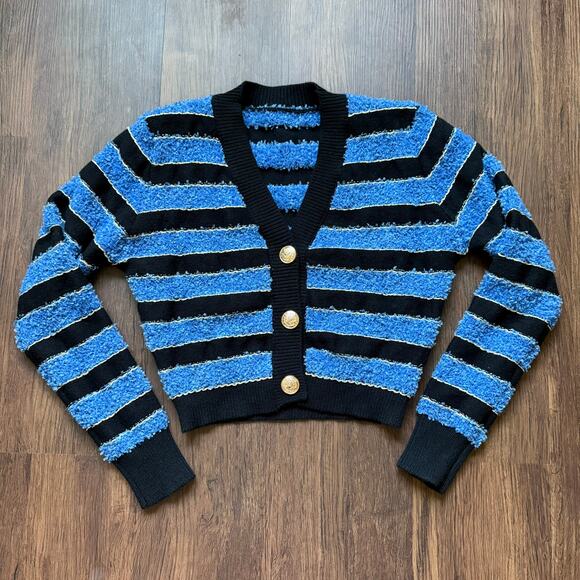Cider Blue Black Striped Cropped Cardigan Gold Buttons Women’s Medium - Picture 1 of 13